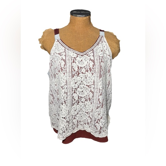 Maurices Burgundy and White Lace Tank Top Size 2 - Picture 1 of 14